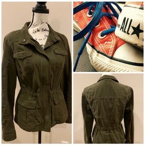 Military Jacket Canvas Utility Zip Front Coat Olive Green Pockets Drawstring